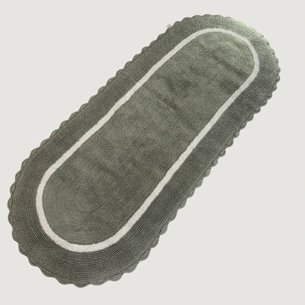 Shabby Chic Sage Green Cotton Bath Runner Rug 63x26 Scalloped Tufted Oval Border